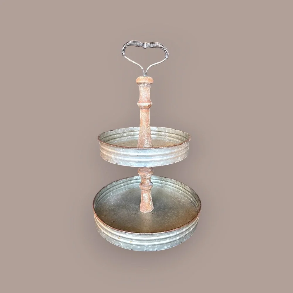 2-Tier‎ Serving Stand Home OS Silver Excellent Farmhouse Galvanized Metal